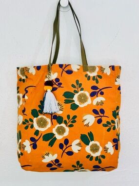 Orange Canvas Floral Tote Bag Leather straps with Tassel